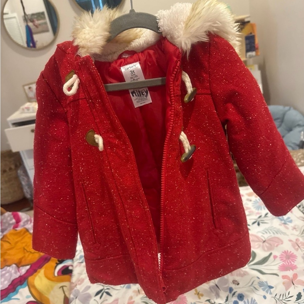 Red Kids Jacket with Faux Fur Hood 3T